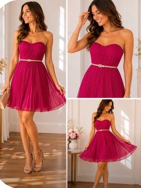 French Connection Pleated Strapless Dress Pink Berry Chiffon Sweetheart Size 4